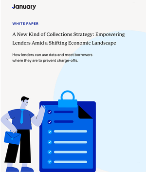 Whitepaper cover text reads: A New Kind of Collections Strategy: Empowering Lenders Amid a Shifting Economic Landscape [Image by creator  from ]